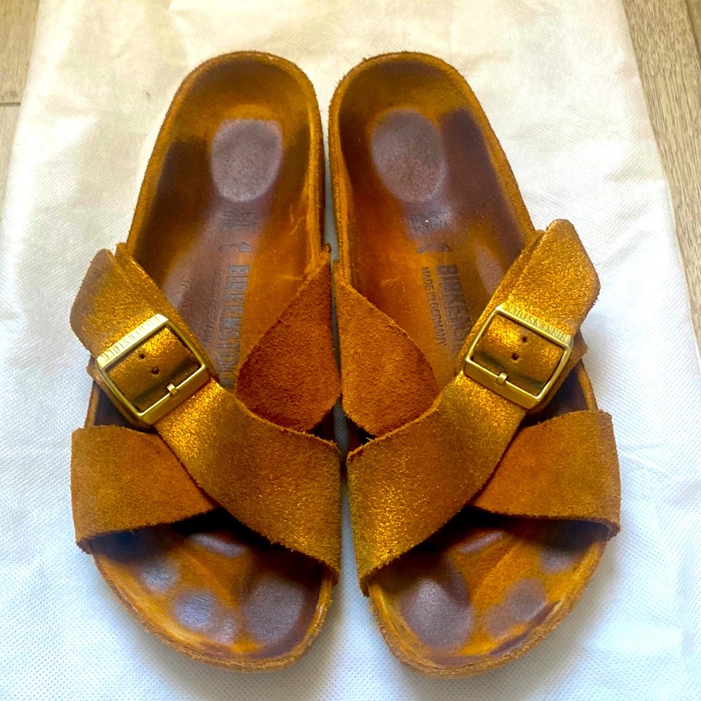 Birkenstock Suede Cross-Band Mules in Burnt Orange with Gold Buckles